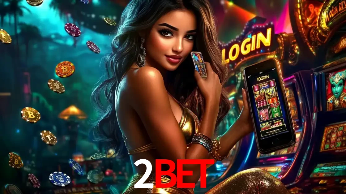 Mulher em um cenário de cassino temático de aventura, mostrando o app de caça-níqueis da 2bet no celular. Fichas de apostas flutuam ao redor.