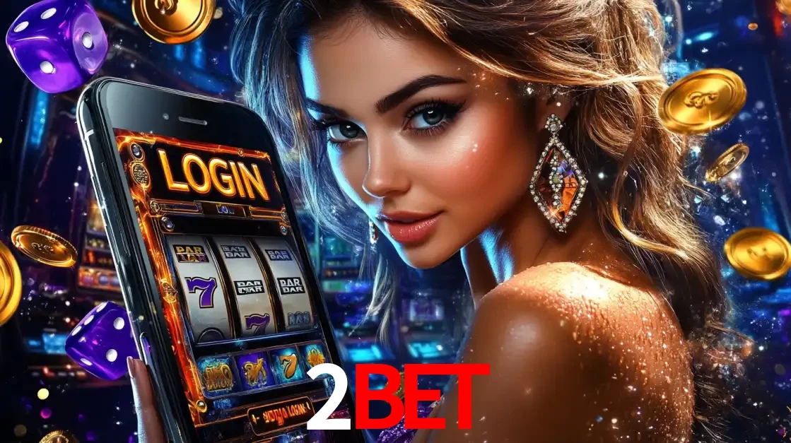 Mulher glamorosa segurando um smartphone com a tela de login para os jogos de caça-níqueis do cassino online 2bet, com moedas de ouro e dados ao redor.