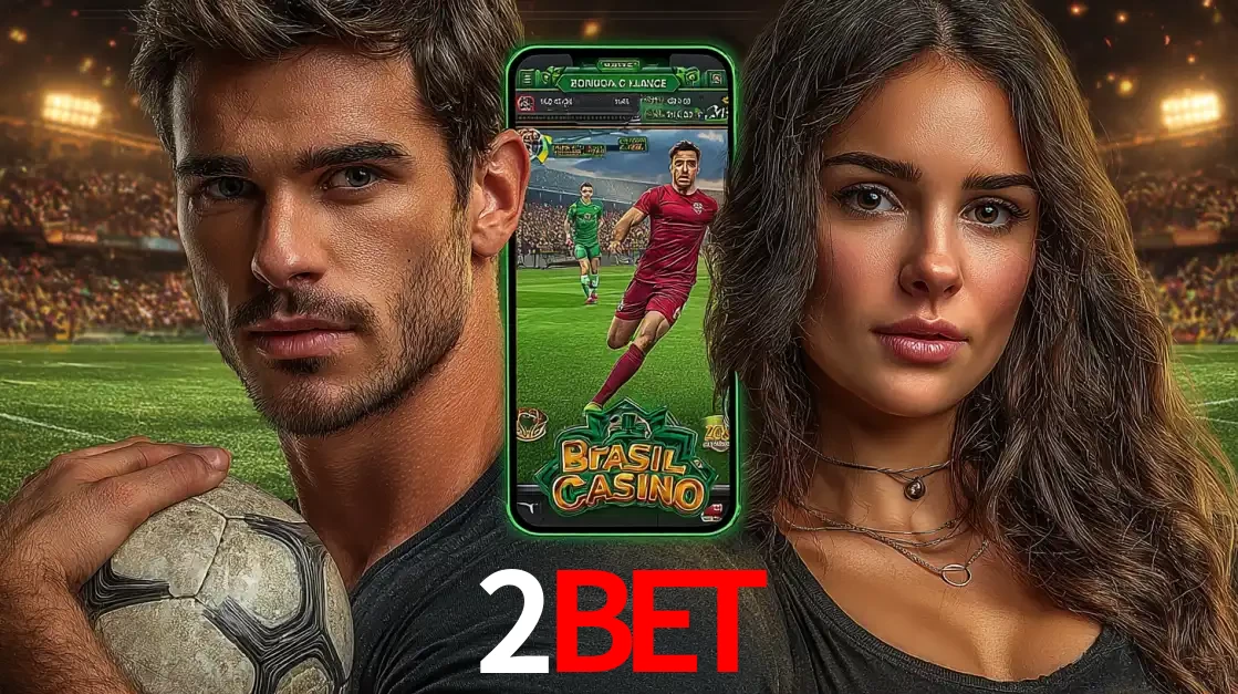 Homem segurando uma bola de futebol e uma mulher ao lado de um smartphone exibindo o jogo de apostas esportivas da 2bet. Faça seu palpite no cassino online.